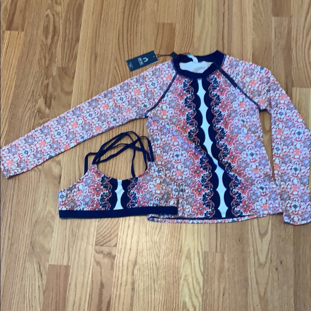 Patterned rash guard and bikini top